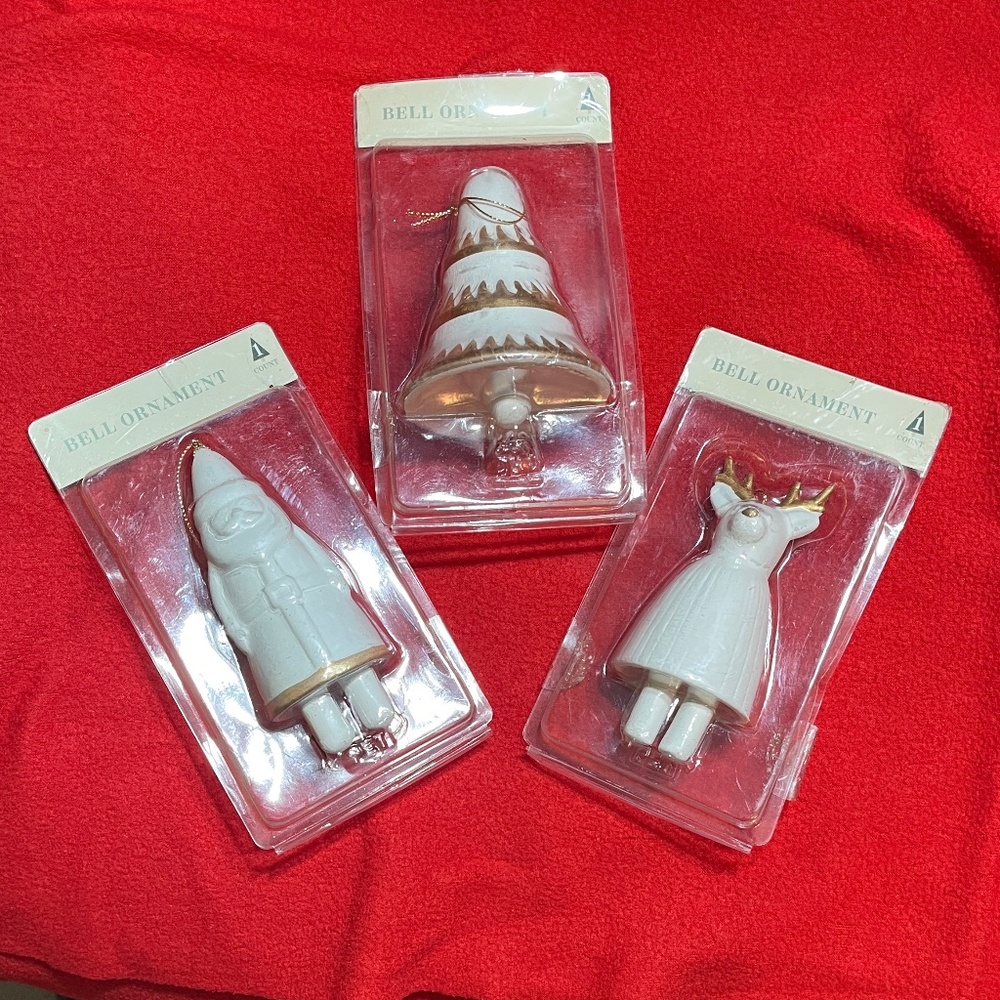🎄 White & Gold Ceramic Bell Ornaments – Set of 3 (Reindeer, Tree & Santa) – NEW